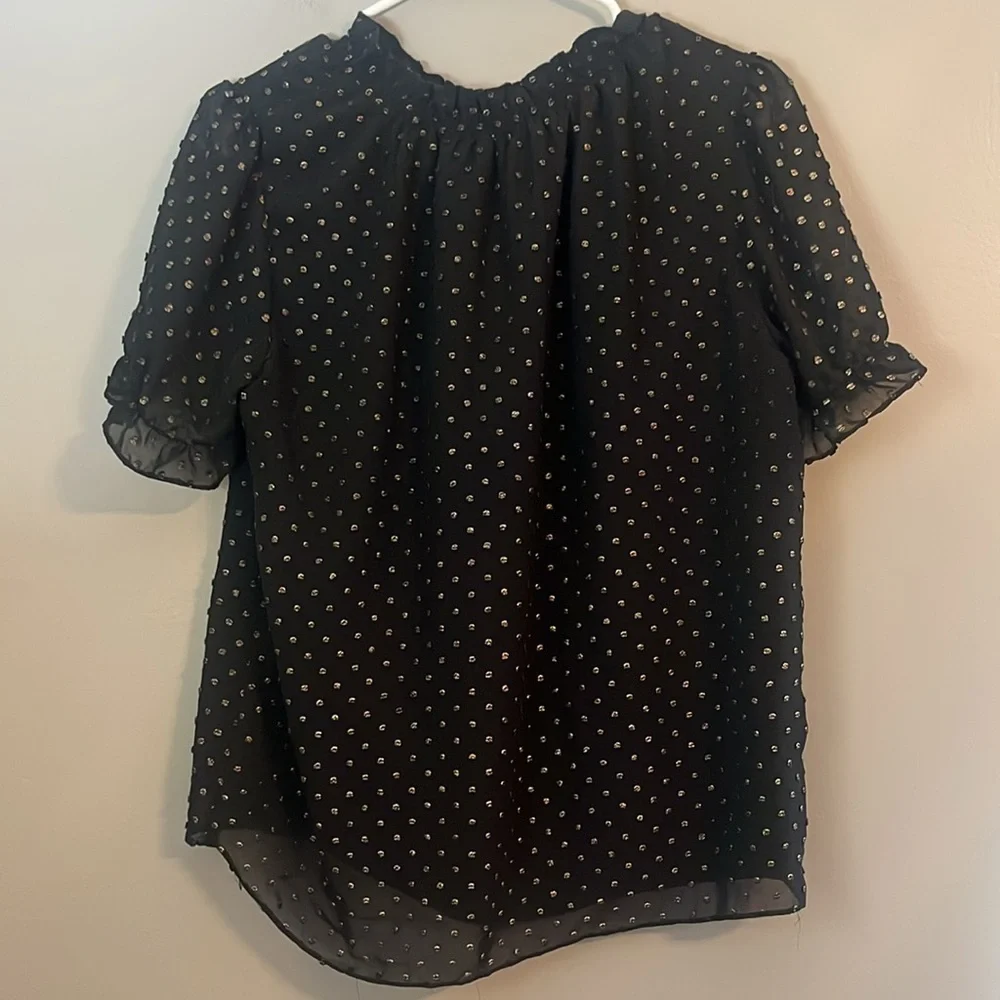J. Crew Black and Gold Ruffleneck Top with Foil Clip Dot Size M